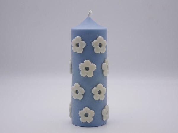 The Floral Pillar Candle - Blue