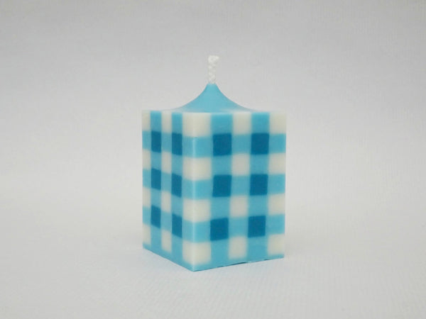 The Gingham Pillar Candle - Blue