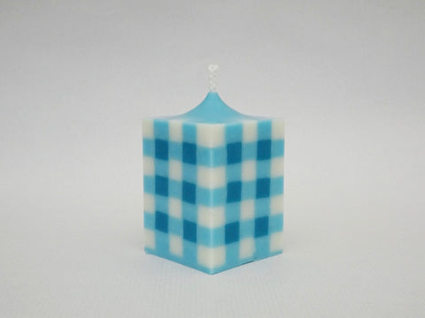 The Gingham Pillar Candle - Blue