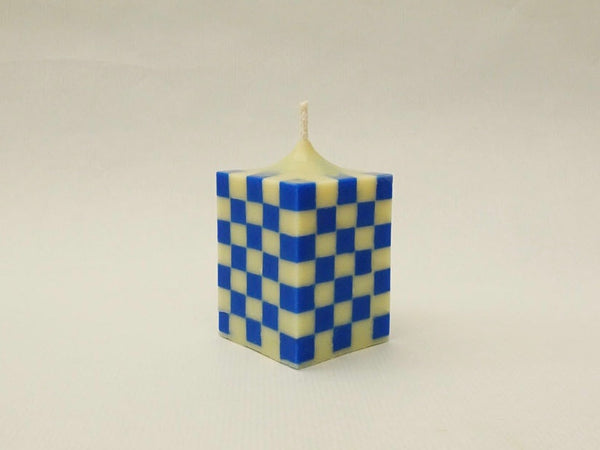 The Checkerboard Pillar Candle - Blue/Cream