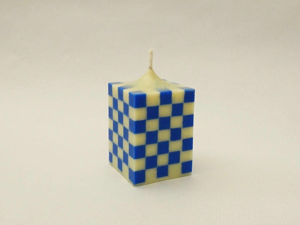 The Checkerboard Pillar Candle - Blue/Cream
